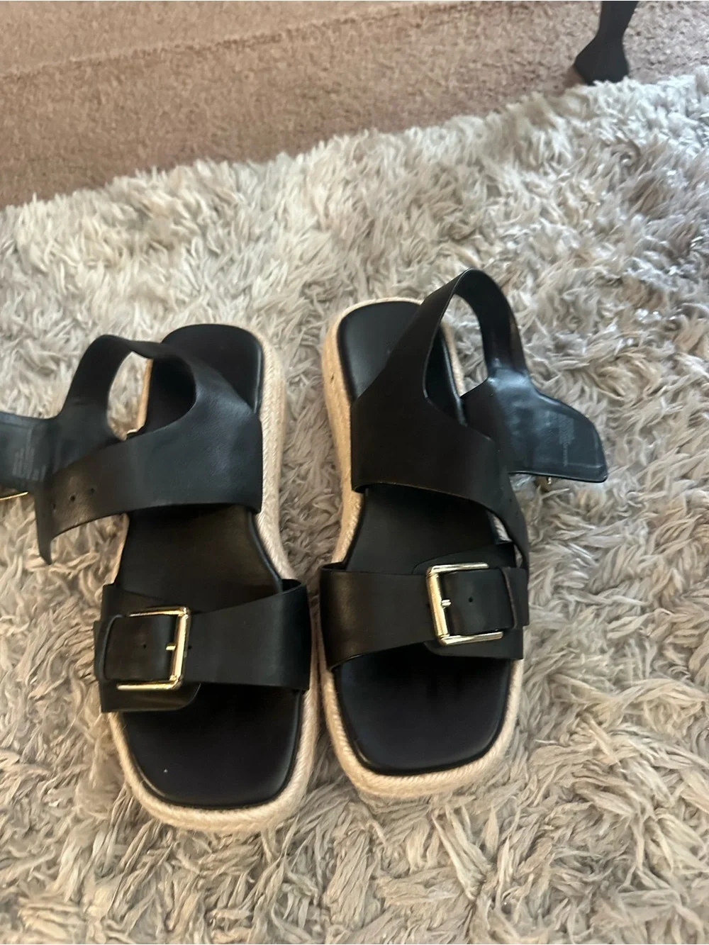 NORDSTROM Black Leather Double-Buckle Espadrille Sandals with Gold Buckles $100+